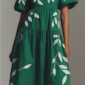 Anthropologie Green Dress with White Leaf Embroidery